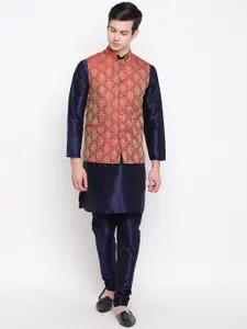 MAG Men Navy Blue & Red Solid Kurta with Churidar & Nehru Jacket