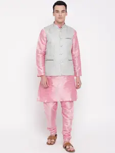 MAG Men Pink & Grey Solid Kurta with Churidar & Nehru Jacket