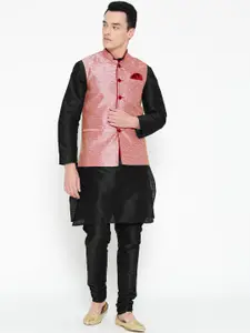 MAG Men Black Solid Kurta with Churidar & Nehru Jacket