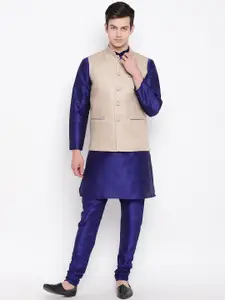 MAG Men Navy Blue & Beige Solid Kurta with Churidar & Jute Nehru Jacket