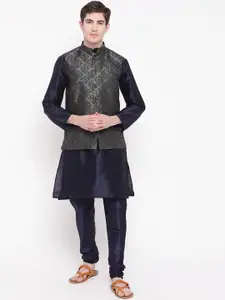 MAG Men Navy Blue & Charcoal Grey Solid Kurta with Churidar & Nehru Jacket