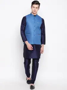 MAG Men Navy Blue Solid Kurta with Churidar & Jute Nehru Jacket