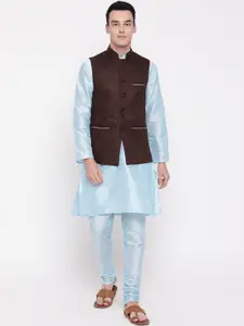 MAG Men Blue Solid Kurta with Churidar & Nehru Jacket