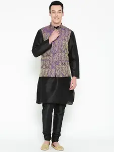 MAG Men Black Solid Kurta with Churidar with Nehru Jacket