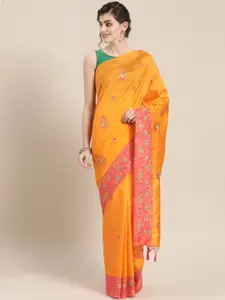 Chhabra 555 Mustard Yellow & Peach-Coloured Kantha Embroidered Tussar Banarasi Silk Saree
