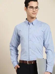 Hancock Men Blue & White Striped Slim Fit Pure Cotton Formal Shirt