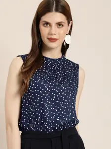 her by invictus Women Navy Blue & White Polka Dot Printed Top