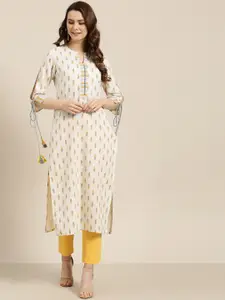 Jaipur Kurti Women Off-White & Yellow Ikat Printed Straight Kurta