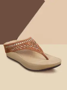 Mochi Women Muted Gold-Toned & Brown Solid Embellished Comfort Heels