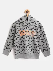 COOL CLUB Boys Grey Melange & Black Printed Hooded Sweatshirt