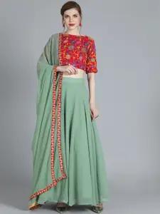 Ethnovog Red  Green Embroidered Made to Measure Lehenga  Blouse with Dupatta