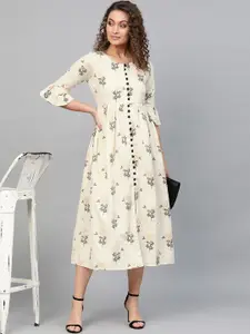Libas Women Off-White & Charcoal Grey Block Print A-Line Dress