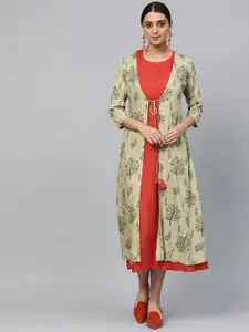 Libas Women Red & Green Solid A-Line Dress with Block Print Ethnic Jacket