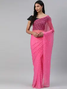 Geroo Jaipur Hand Embroidered Pink Sequins Pure Chiffon Sustainable Saree