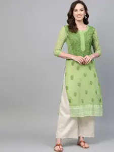 Saadgi Women Green Chikankari Embroidered Handloom Sheer Straight Kurta