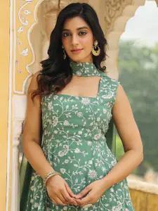 Janasya Women Green & Pink Floral Printed A-Line Kurta