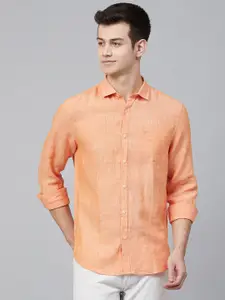Blackberrys Men Peach-Coloured Slim Fit Linen Self-Design Casual Shirt