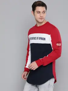 Difference of Opinion Men Red  Navy Blue Colourblocked Pure Cotton T-shirt With Printed Detailing