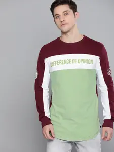 Difference of Opinion Men Green  Burgundy Colourblocked Pure Cotton T-shirt With Printed Detailing