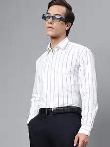 Hancock Men White & Navy Blue Slim Fit Striped Formal Shirt