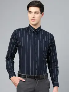 Hancock Men Navy Blue & White Slim Fit Striped Formal Shirt