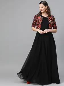 Inddus Women Black Solid Gown With Heavy Embroidered Satin Jacket