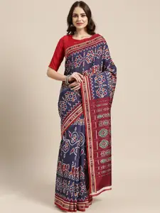 Saree mall Navy Blue & Red Printed Bhagalpuri Saree