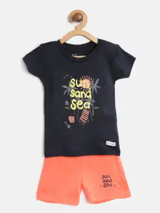 Gini and Jony Boys Navy Blue & Coral Orange Pure Cotton Printed T-shirt with Shorts