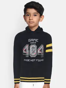 Gini and Jony Boys Navy Blue Typography Printed Hooded Pullover