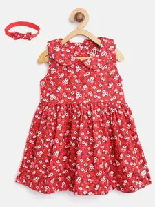 Gini and Jony Girls Red & White Printed Fit and Flare Dress with Hairband