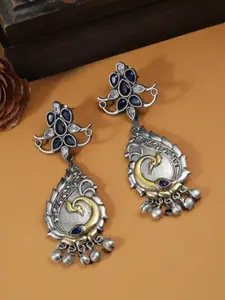 Rubans Silver-Toned & Gold-Toned Peacock Shaped Oxidised Drop Earrings