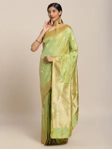 Mitera Green Silk Blend Woven Design Kanjeevaram Saree