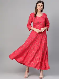 ANAISA Women Pink & Golden Printed Maxi Dress