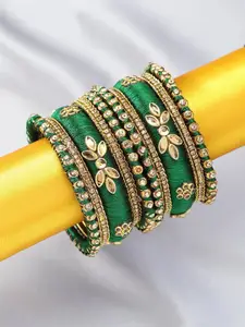Peora Set Of 10 Green Gold-Plated Designer Silk Thread Bangles