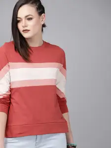 Roadster Women Coral Red  White Colourblocked Round Neck T-shirt