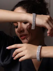 PANASH Set of 2 White AD Stone-Studded Rhodium-Plated Handcrafted Bangles