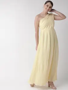 MISH Women Yellow Solid One Shoulder Accordian Pleats Maxi Dress