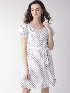MISH Women White & Black Heart Print A-Line Dress With Belt