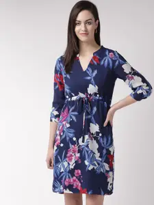 SQew Women Blue & Red Floral Print A-Line Dress