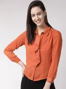 SQew Women Rust Orange Ruffled Solid Casual Shirt