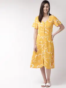 SQew Women Mustard Yellow & White Printed A-Line Dress