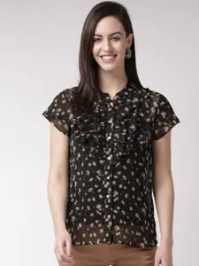 SQew Women Black Floral Print Shirt Style Top