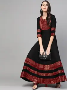 Idalia Women Black & Maroon Printed Maxi Dress