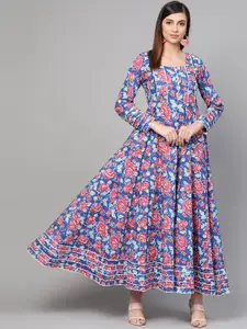 Idalia Women Blue & Pink Hand Block Print Maxi Dress