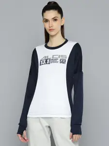 Alcis Women White & Navy Blue Brand Logo Printed Sweatshirt