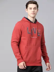 Alcis Men Red Solid Hooded Sweatshirt with Typography Printed Detail