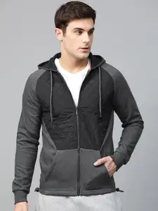 Alcis Men Charcoal Grey & Black Colourblocked Hooded Sweatshirt