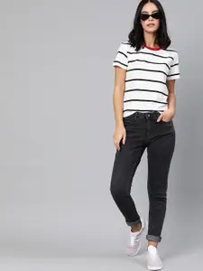 Harvard Women White & Black Striped Round Neck T-shirt