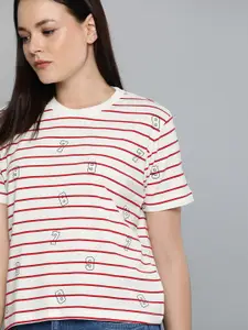 Harvard Women White & Red Striped Round Neck T-shirt