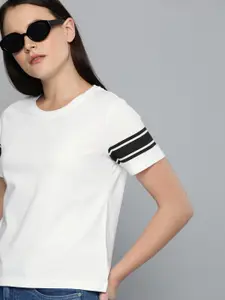 Harvard Women White Solid Round Neck Sleeve Stripe T-shirt